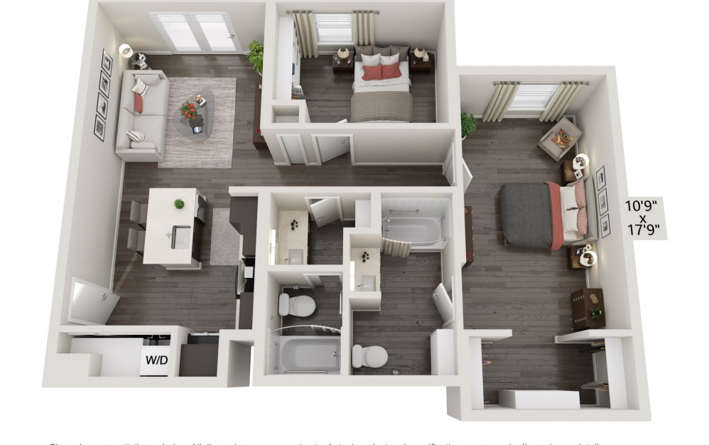 B1 - 2 bedroom floorplan layout with 2 baths and 976 square feet.