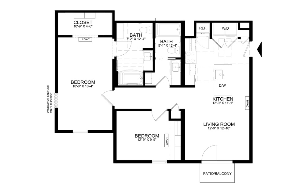 2 Bedrooms - 2 bedroom floorplan layout with 2 bathrooms and 973 - 979 square feet (973
, 2D)