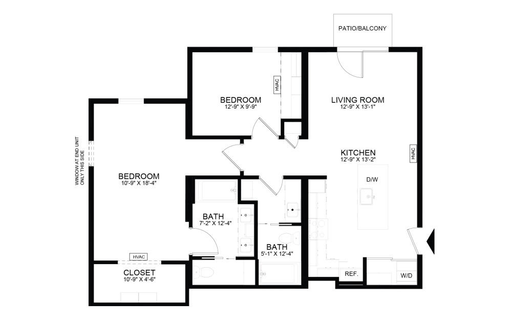 2 Bedrooms - 2 bedroom floorplan layout with 2 bathrooms and 973 - 979 square feet (979, 2D)
