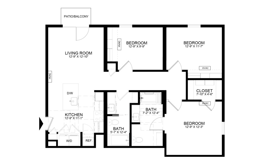 3 Bedrooms - 3 bedroom floorplan layout with 2 bathrooms and 1105 - 1109 square feet (1105
, 2D)