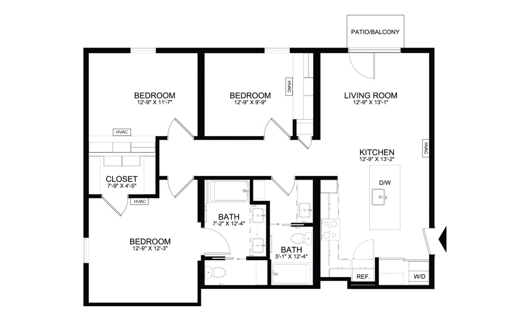 3 Bedrooms - 3 bedroom floorplan layout with 2 bathrooms and 1105 - 1109 square feet (1109, 2D)
